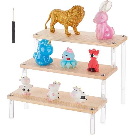 FINGERINSPIRE 3-Tier Wood Display Stand (Wheat Color, 7.9x2.8 inch) Pedestal Assembled Holder Display Riser Cascading Display Shelf Merchandise Organizer Tray for Vendors Pop Figures Cupcakes Perfumes