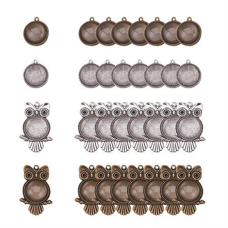 ARRICRAFT 32pcs Tibetan Alloy Owl Round Pendant Trays Blank Bezel with 32pcs 20mm Round Clear Glass Cabochon Dome Tiles for Crafting DIY Jewelry Making