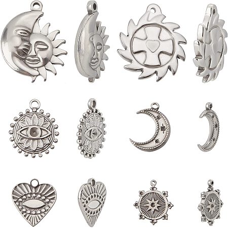 DICOSMETIC 12pcs 6 Styles Stainless Steel Sun with Moon Pendants Rhinestone Cabochons Pendants Evil Eye Charms Mixed Style Pendants for Jewelry Making