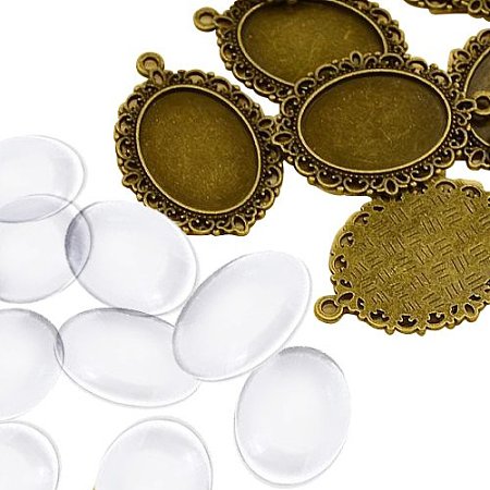 ARRICRAFT 10 Sets Antique Bronze Pendant Cabochon Settings and 18x25x5.4mm Oval Clear Glass Cabochons for Pendant Making