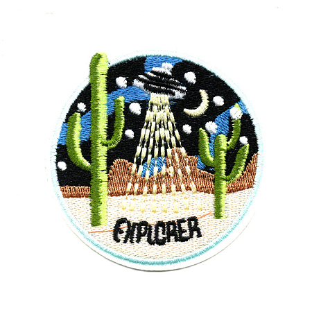 Honeyhandy Computerized Embroidery Cloth Iron on/Sew on Patches, Costume Accessories, Appliques, Oval with Moon & Cloud & Cactus, Colorful, 80x73mm