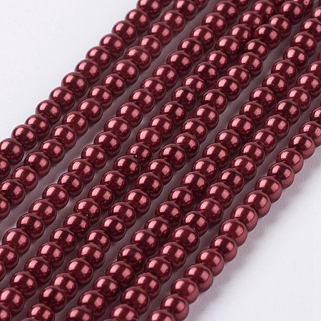 Environmental Dyed Glass Pearl Round Bead Strands, Cotton Cord Threaded, Red, 3~3.5mm, Hole: 0.7~1.1mm; about 135pcs/strand, 15 inches