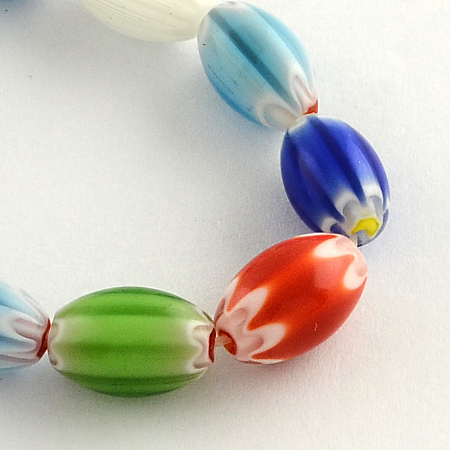 Honeyhandy Oval Handmade Millefiori Glass Beads Strands, Mixed Color, 12x7.5mm, Hole: 1.5mm, about 32pcs/strand, 14.9 inch