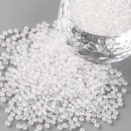 FGB 11/0 Transparent Glass Seed Beads, Inside Color, Luster Plated, Round, White, 2.3x1.5mm, Hole: 1mm, about 5300pcs/50g