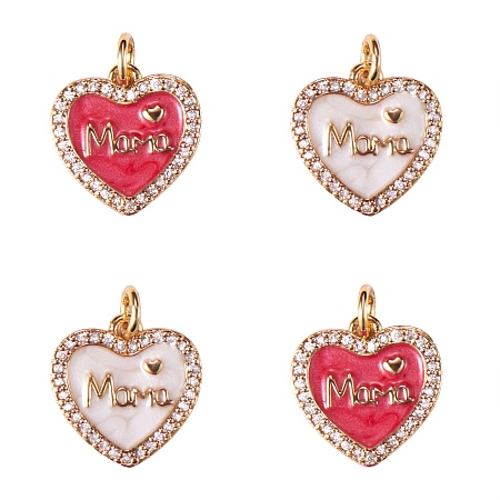 4Pcs 2 Colors Mother's Day Theme Real 18K Gold Plated Brass Micro Pave Clear Cubic Zirconia Enamel Charms, Long-Lasting Plated, with Jump Rings, Heart with Word MaMa, Mixed Color, 14.5x14.5x2mm, Hole: 3mm, 2pcs/color