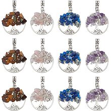 SUPERFINDINGS 32Pcs 4 Style Life Tree Pendant Charms Gemstone Chakra Crystal Quartz Pendants Flat Round with Tree Healing Charm for Jewelry Making, Hole: 4mm