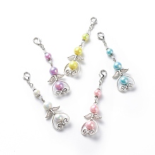 Honeyhandy Angel Clip-on Charms, AB Color Acrylic Imitation Pearl Round Beaded Pendant Decorations, with Alloy Lobster Claw Clasps and Tibetan Style Heart & Wing Pendants, Mixed Color, 81mm