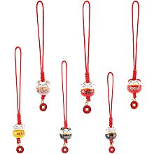 PandaHall Elite 7pcs Lucky Cat Charm, Ceramic Beckoning Cat Keychains Keyrings Pendant Maneki Neko Ornament Mobile Phone Pendant with Coins Alloy Pendants