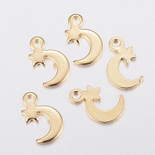 Honeyhandy 201 Stainless Steel Charms, Moon with Star, Real 18k Gold Plated, 11x7x1mm, Hole: 1.5mm