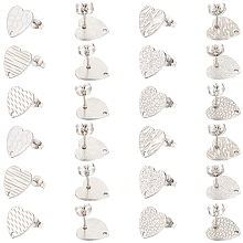 SOFPLATE 48Pcs 6 Styles Textured Heart 304 Stainless Steel Stud Earring Findings, with Ear Nuts and Hole, Stainless Steel Color, 12x13x1mm, Pin: 0.8mm, 8pcs/style