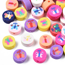 Honeyhandy Handmade Polymer Clay Beads, Flat Round with Butterfly, Mixed Color, 9~10x4~5mm, Hole: 1.6mm