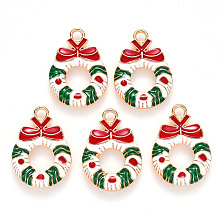 ARRICRAFT Alloy Enamel Pendants, for Christmas, Christmas Wreath with Bowknot, Light Gold, Colorful, 23x16x3mm, Hole: 2mm