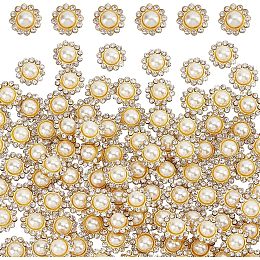 NBEADS 200 Pcs Crystal Pearl Buttons, Flower Claw Cup Rhinestones Gold Flatback Base Shiny Crystals Antique White Flower Faux Pearl Rhinestone Craft Buttons for Jewelry Sewing Supplies