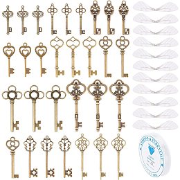 SUNNYCLUE 61Pcs Flying Keys Charms Vintage Keys Kit 10 Styles Dragonfly Wings Charm Keys with Fabric Dragonfly Wings & 11 Yards Elastic Crystal String for DIY Art Craft Jewelry Making Crafts