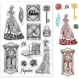 GLOBLELAND Vintage Lady and Clock Silicone Clear Stamps Rose Transparent Stamps for Birthday Valentine's Day Cards Making DIY Scrapbooking Photo Album Decoration Paper Craft