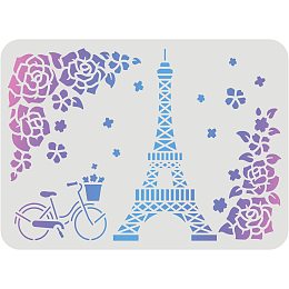 FINGERINSPIRE Eiffel Tower Stencils 11.7x8.3 inch Plastic Flowers Bicycles Drawing Painting Stencils Eiffel Tower Rose Pattern Wall Stencils Reusable Stencils for Wood, Floor, Wall and Tile