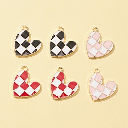 Honeyhandy 6Pcs 3 Colors Alloy Enamel Pendants, Golden, Heart with Tartan Pattern Charm, Mixed Color, 20x19x2mm, Hole: 1.8mm, 2pcs/color