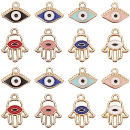 NBEADS 48 Pcs 8 Styles Evil Eye Charms, Light Gold Plated Alloy Enamel Pendants Hamsa Charms Hanging Ornaments for DIY Jewelry Earring Necklace Craft Making