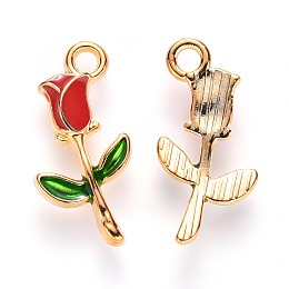 Honeyhandy Alloy Enamel Pendants, Rose Shape, Light Gold, Red, 19x9x2.5mm, Hole: 1.8mm