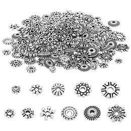 PandaHall Elite 220Pcs 11 Style Tibetan Style Alloy Spacer Beads, Flower & Flat Round & Snowflake, Antique Silver, 4.5~9x1.5~2.5mm, Hole: 1.2~2mm, 20pcs/style