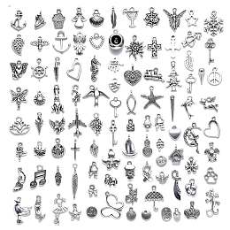 100Pcs 100 Style Tibetan Style Alloy Pendants, One Hundred Shapes, Antique Silver, 4~29x4~29x1~8mm, 1pc/style