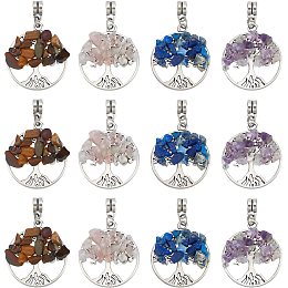 SUPERFINDINGS 32Pcs 4 Style Life Tree Pendant Charms Gemstone Chakra Crystal Quartz Pendants Flat Round with Tree Healing Charm for Jewelry Making, Hole: 4mm