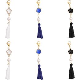 CHGCRAFT 6Pcs 3Colors Flower Cotton Thread Tassel Natural Pearl Beads Pendant Alloy Glass Links with 304 Stainless Steel Lobster Claw Clasps, Mixed Color