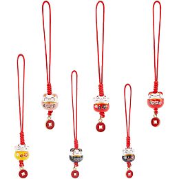 PandaHall Elite 7pcs Lucky Cat Charm, Ceramic Beckoning Cat Keychains Keyrings Pendant Maneki Neko Ornament Mobile Phone Pendant with Coins Alloy Pendants