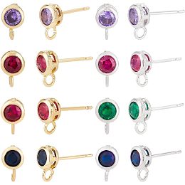 BENECREAT 8 Pairs 8 Color Brass Cubic Zirconia Earring Stud Findings with Vertical Loops, Flat Round Mixed Color Earring Posts for Earrings Jewelry Making