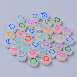 Honeyhandy Luminous Acrylic Beads, Glow in the Dark, Flat Round with Star & Flower & Heart & Moon, Mixed Color, 7x3.5mm, Hole: 1.5mm, about 3600pcs/500g