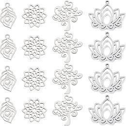 DICOSMETIC 16pcs 4 Styles 201 Stainless Steel Plant Charms Hollow Leaf Pendants Tree of Life Charms Lotus Charms Flower Pendants for Jewelry Making DIY Crafts Findings