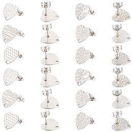 SOFPLATE 48Pcs 6 Styles Textured Heart 304 Stainless Steel Stud Earring Findings, with Ear Nuts and Hole, Stainless Steel Color, 12x13x1mm, Pin: 0.8mm, 8pcs/style