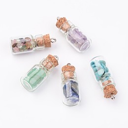 Honeyhandy Glass Bottle Pendants, with Natural & Synthetic Gemstone Chip Beads and Iron Findings, Platinum, Mixed Color, 25x10mm, Hole: 1.5mm