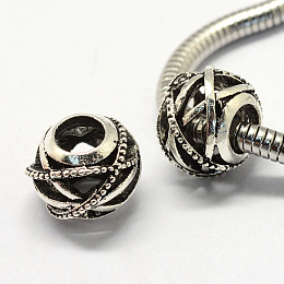 Honeyhandy Alloy European Beads, Tibetan Style, Large Hole Beads, Barrel, Hollow, Antique Silver, 12x10mm, Hole: 5mm