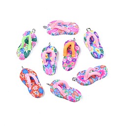 Honeyhandy Handmade Polymer Clay Pendants, with Alloy Findings, Flip-Flops/Chancla, Mixed Color, 30~32x13x9mm, Hole: 2.5mm