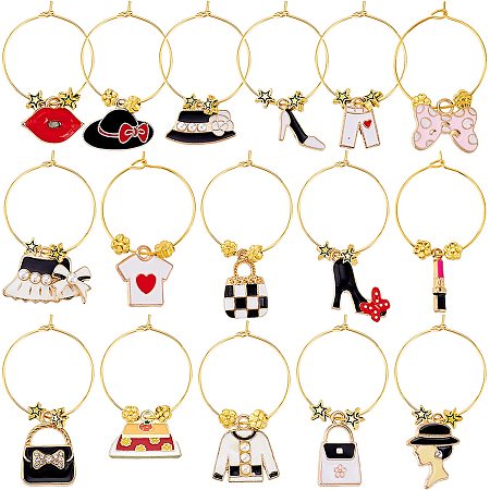 BENECREAT 16 Sets Alloy Enamel Fashion Wine Glass Charms, Drink Markers Tags with 16pcs Pendants, 20pcs Hoop Earrings and 20pcs Beads for Cocktail Champagne Party Favors