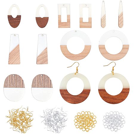 OLYCRAFT 14Pcs Resin Wooden Earring Pendants Teardrop & Geometry Resin & Walnut Wood Pendants Vintage Resin Wood Statement Earring with 32Pcs Hooks and 32Pcs Jump Ring for Jewelry Making - 7 Styles