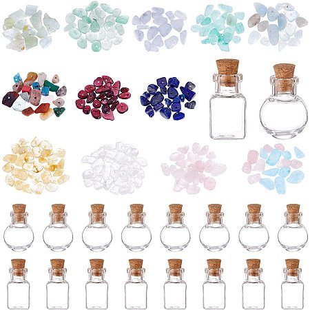 PandaHall 12 Styles Gemstone Chip Beads Hole Drilled with 24pcs Round and Square Glass Jar Bottles Wishing Bottle DIY Making Set for Jewelry Making Home Decoration