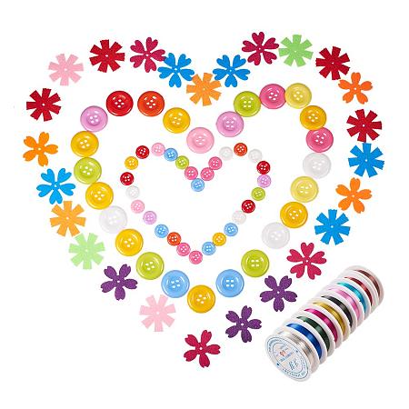 PandaHall Elite 120pcs Flower Non Woven Fabric Embroidery Needle Felt, 100pcs Plastic Buttons and 10Rolls Iron Wire for Ornament - DIY Craft Iron Wire Button Felt Bouquets Kit
