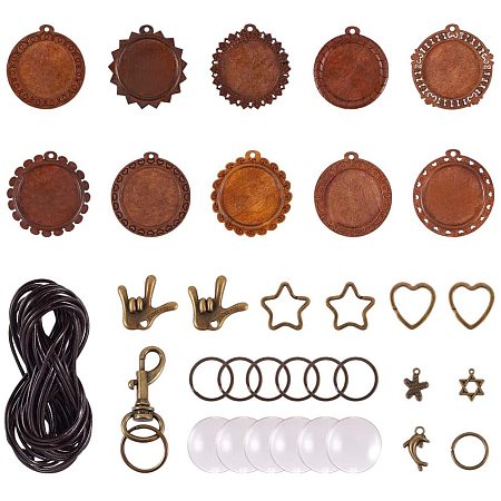 Pandahall Elite 20 Sets Wooden Bezel Pendant Trays and Glass Cabochon Clear Dome with 6 Sets Keychain Clasp, 16pcs Tibetan Charms, 50pcs Jump Rings, 5 Yards Cord for DIY Crafting Photo Jewelry Making