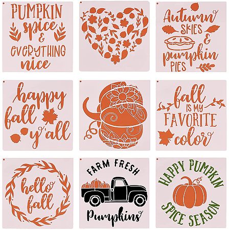 GORGECRAFT 9Pcs Reusable Fall Painting Stencils Thanksgiving Autumn Halloween Pumpkin Maple Leaf Templates for Painting On Wood Wall Door Fabric(7.87 x 7.87 Inch)