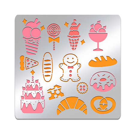 BENECREAT Dessert Stainless Steel Stencils, Ice Cream Doughnuts Cakes Metal Painting Stencils Journal Template for Wood Burning Engraving Painting Scrapbooking, 6x6