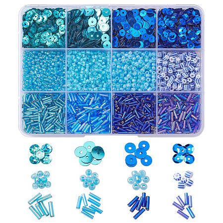 DIY Beads Jewelry Making Finding Kit, Including Glass Seed & Bugle & Plastic Paillette Beads, Round & Tube & Disc, Blue, 106g/box