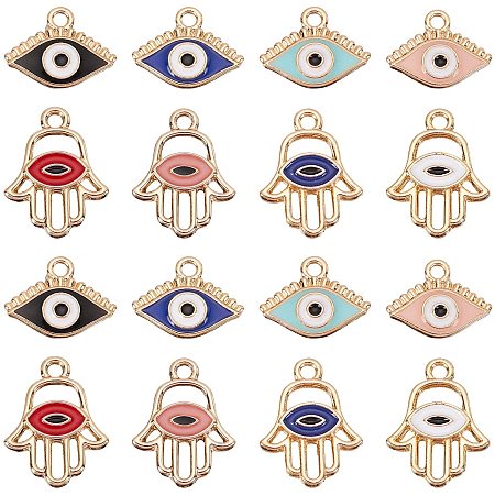 NBEADS 48 Pcs 8 Styles Evil Eye Charms, Light Gold Plated Alloy Enamel Pendants Hamsa Charms Hanging Ornaments for DIY Jewelry Earring Necklace Craft Making
