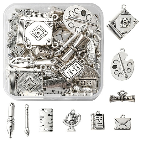 Honeyhandy DIY Teachers' Day Theme Jewelry Making Finding Kit, Including 54Pcs 9 Styles Tibetan Style Alloy Pendants & Links Connectors & Pendant Settings, Book & Diploma & Terrestrial Globe, Antique Silver, 13~32x4.5~22x1~6.5mm, Hole: 1.5~2.5mm, 6Pcs/style