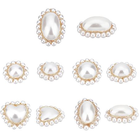 NBEADS 10 Pcs 5 Styles Imitation Pearl Cabochons Charms, Round Heart Oval Plastic Pearl Pendants Creamy White Pearl Beads Links with Brass Wire Wrapped for Bracelet Necklace Jewelry Making