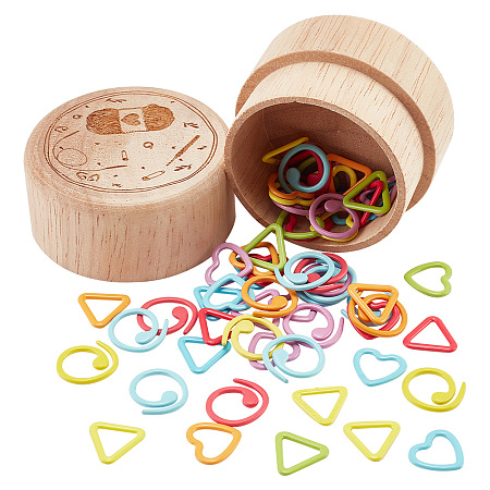 NBEADS 60 Pcs Alloy Ring Shape Knitting Stitch, 6~7mm Triangle Stitch Markers Heart Crochet Stitch Marker Charms Colored Locking Stitch with Wooden Storage Box DIY Craft Kit for Sewing Knitting