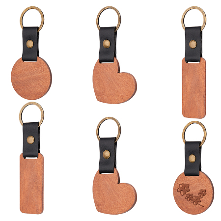 Nbeads 6Pcs 3 Colors Imitation Leather & Wood Keychain, with Iron Findings, Round & Heart & Rectangle, Camel, 10.1~11.9cm, 2pcs/style