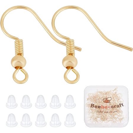 Beebeecraft 120Pcs/Box 18K Gold Plated Earring Hooks French Ear Wires with Ball and Coil 18mm Dangle Earring Findings with Earring Backs for DIY Earring Making