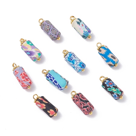 ARRICRAFT Handmade Flower Printed Polymer Clay Beads Pendants, with Brass Ball Head Pins and Tibetan Style Alloy Daisy Spacer Beads, Mixed Color, 16x6mm, Hole: 1.8mm